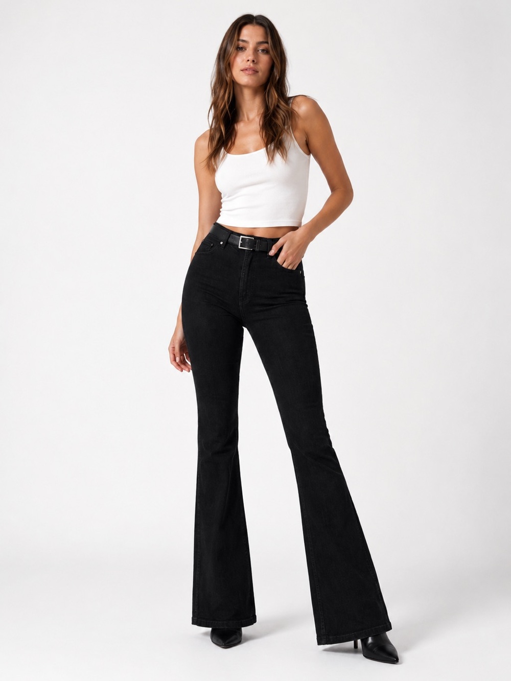NWT SPANX Black Flare Jeans High Rise Pull-On Shaping Petite Large Classic Chic